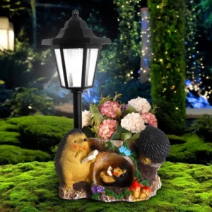 sm251305 resin+pp solar resin hedgehogs statue with flowerpot (1)