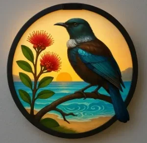 sm251344 iron+pp+glass solar bellbird with pohutakawa tree wall light