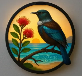 sm251344 iron+pp+glass solar bellbird with pohutakawa tree wall light