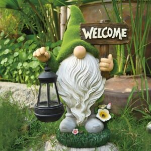 sm25647 Resin Dwarf held Lantern &Welcome Sign Solar Statue