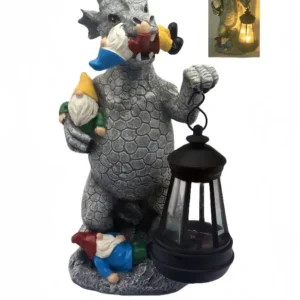 sm26002a resin solar dinosaur lantern statue – gnome in mouth style