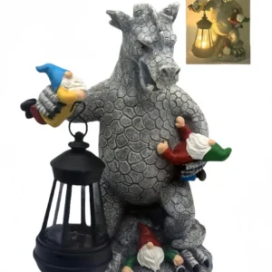 sm26002b resin solar dragon dinosaur lantern statue – gnome hug style