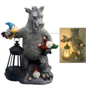 sm26002b resin solar dragon dinosaur lantern statue – gnome hug style