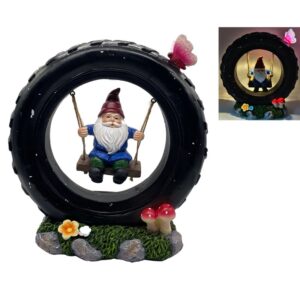 SM26003 Resin Dwarf Swinging on the Tyre With Decorative Solar Light