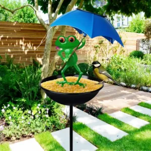 sm26027 iron umbrella frog solar birdbath stake light (1)