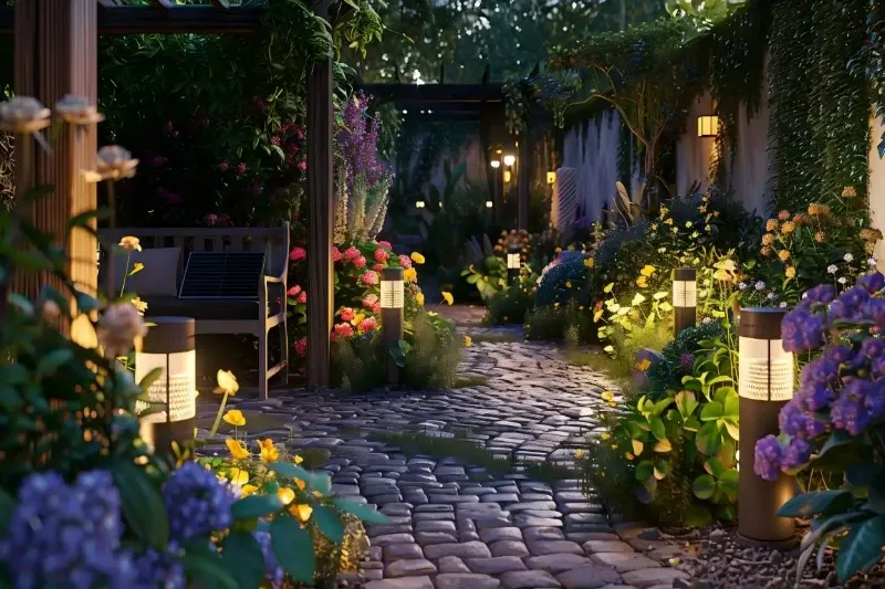 garden decorated with solar garden lights