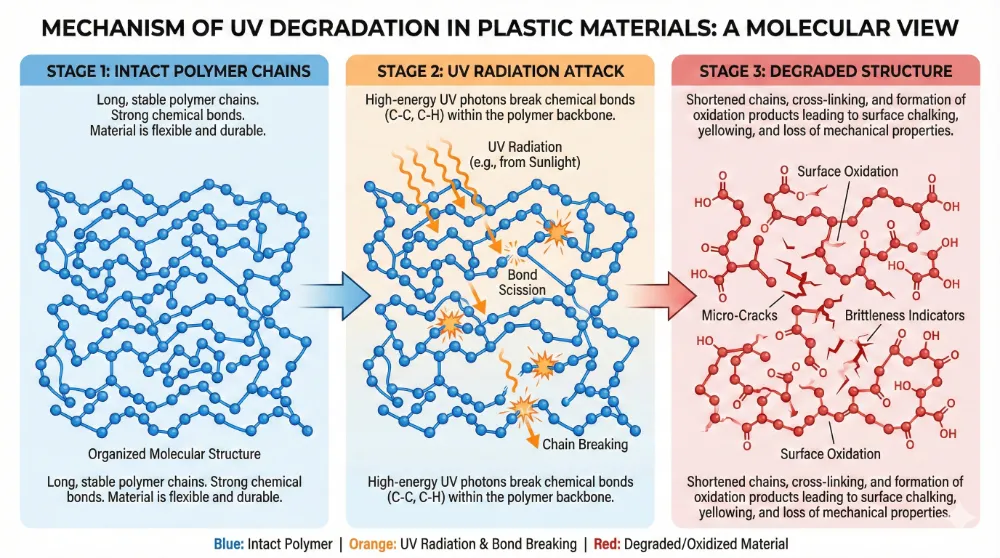 1 scientific diagram showing how uv radiation breaks down plastic polymer chains causing degradation