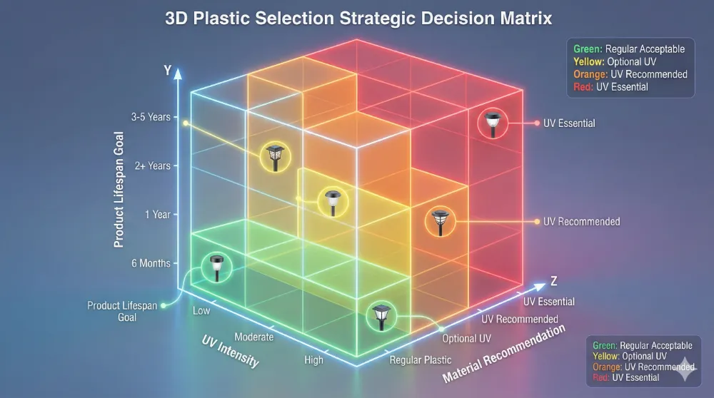 11 three dimensional decision matrix for selecting regular or uv stabilized plastic based on uv intensity and lifespan goals