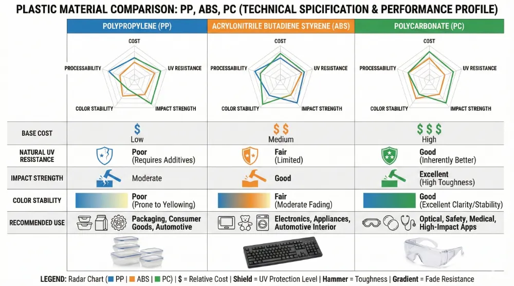 13 comprehensive comparison of pp, abs, and pc plastics showing cost, uv resistance, and performance characteristics