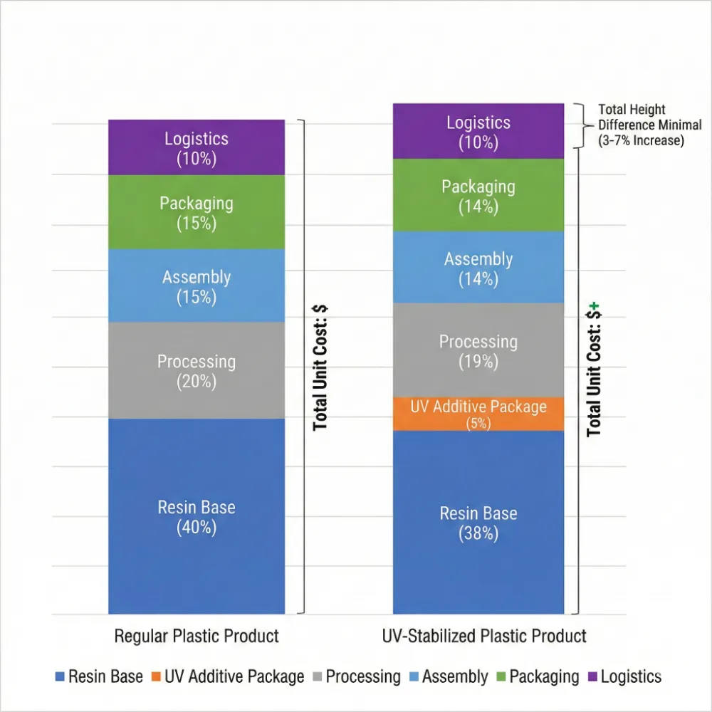 6 cost structure comparison showing uv stabilized plastic adds only 3 7% to total product cost