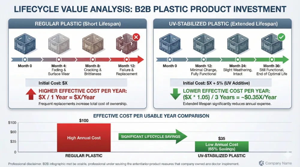 7 lifecycle value analysis showing uv stabilized plastic has lower cost per year despite higher initial price