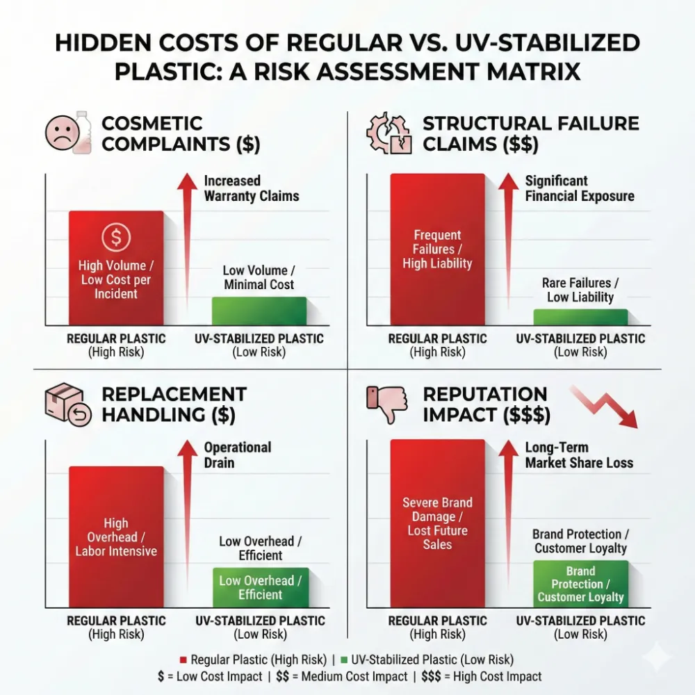 8 hidden cost risk matrix comparing warranty exposure between regular and uv stabilized plastic
