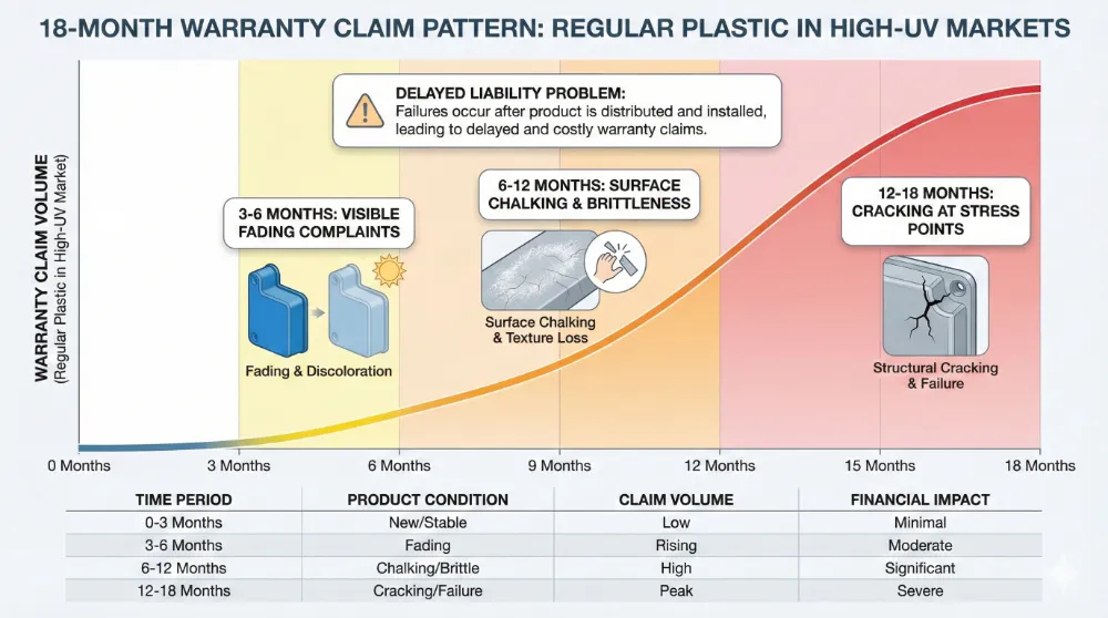 9 warranty claim timeline showing uv related failures increasing from 3 months to 18 months after sale