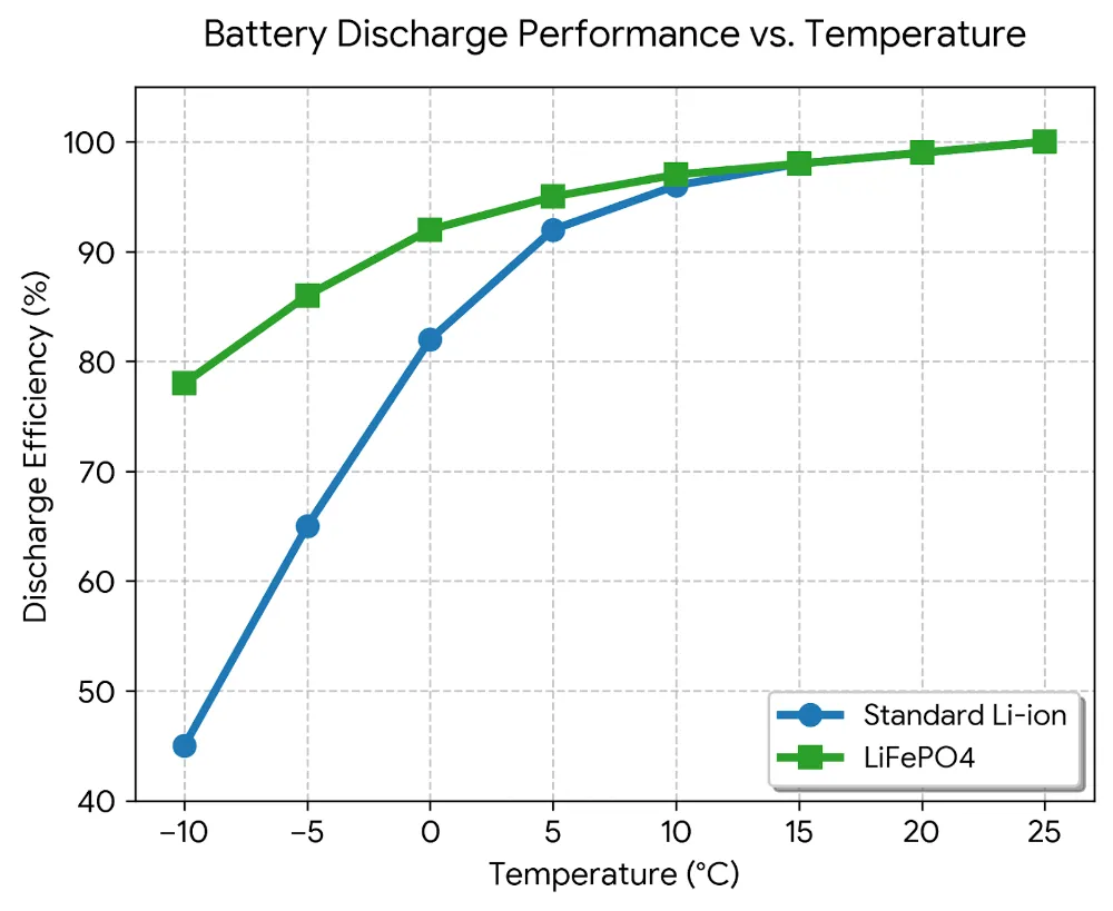 battery discharge efficiency comparison graph showing lifepo4 superior performance versus li ion in cold temperatures