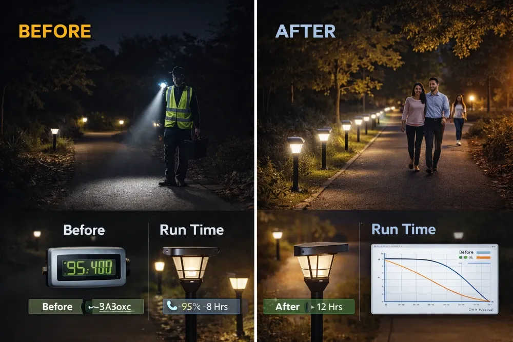 before and after comparison of solar pathway lighting upgrade with improved battery system