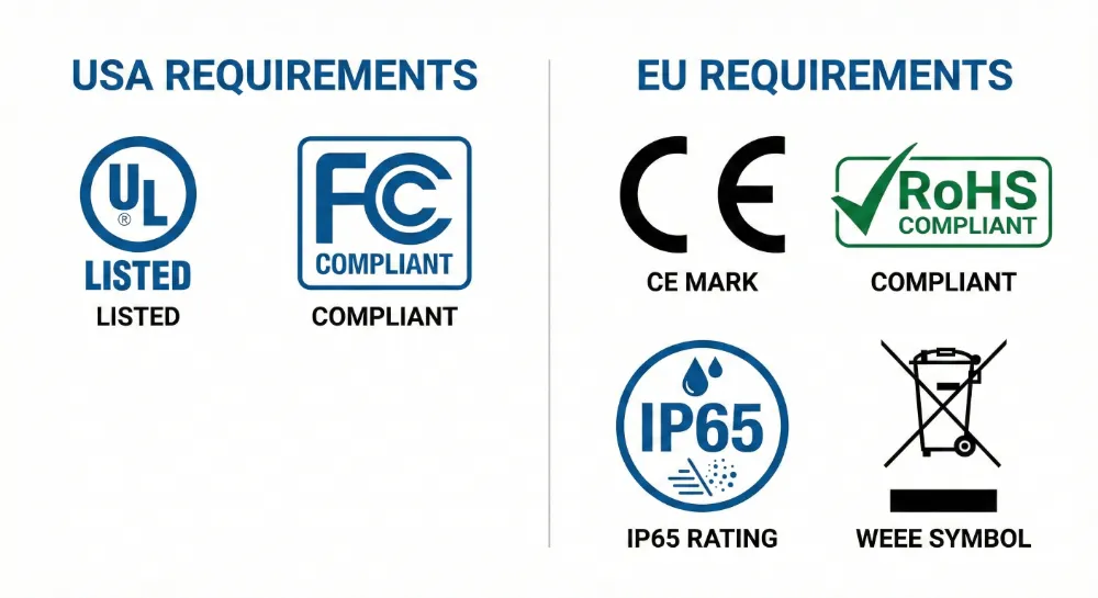 certification requirements comparison showing ul, fcc for usa market and ce, rohs, weee for european market compliance