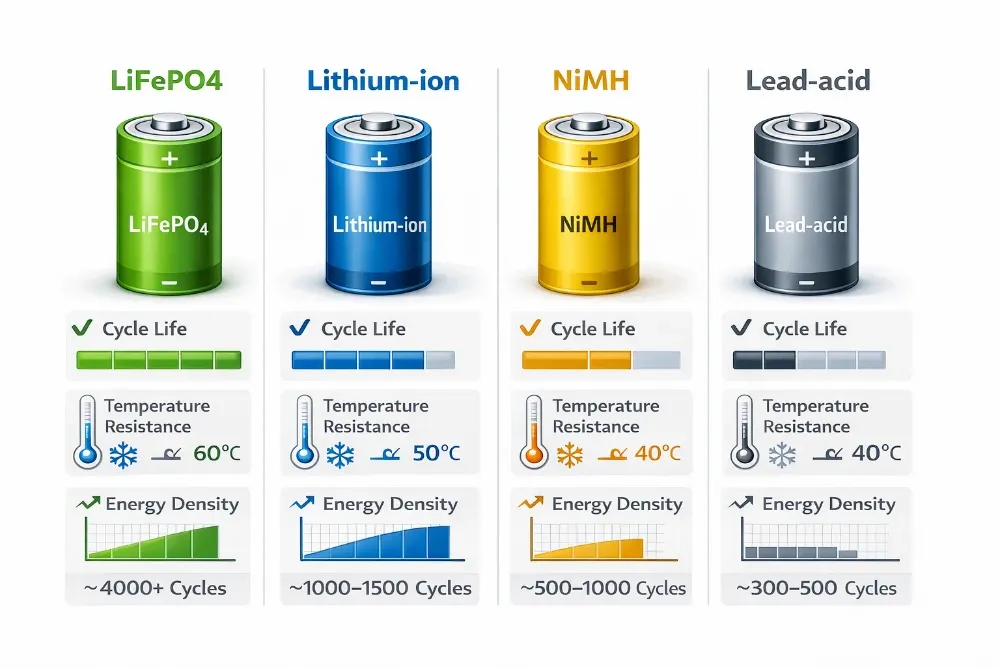 comparison of battery technologies for solar garden lights lifepo4, lithium ion, nimh, lead acid