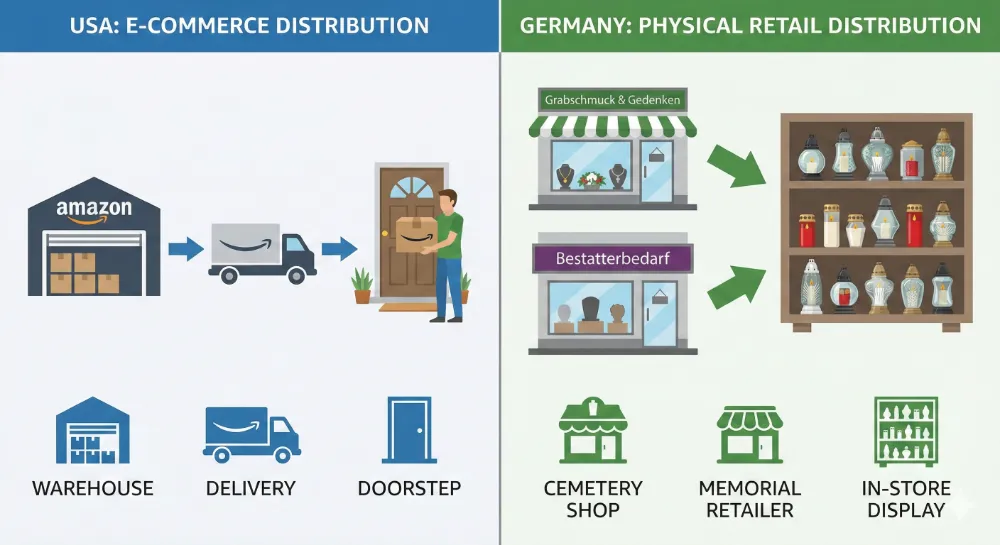 distribution channel comparison showing usa e commerce dominance versus germany physical retail and specialty memorial shops