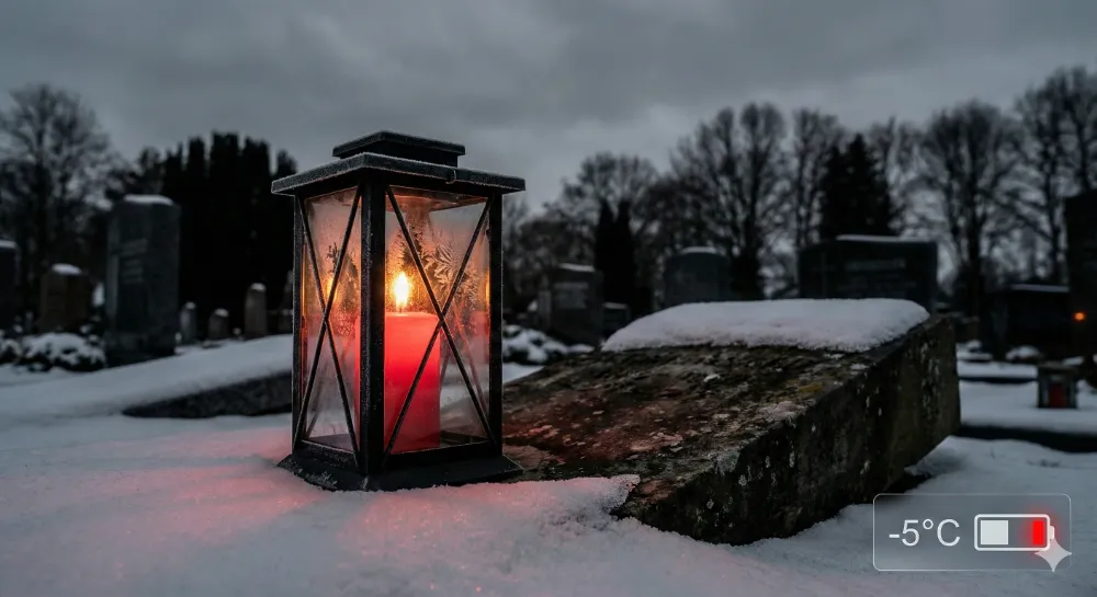 german cemetery in winter showing solar grave light operating in sub zero temperatures and low light conditions 副本