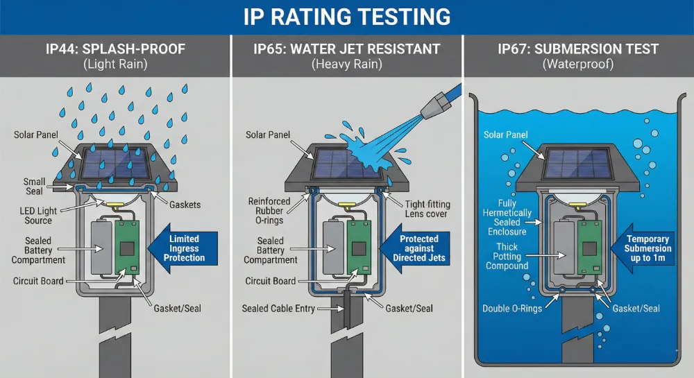 ip rating comparison diagram showing ip44, ip65, and ip67 waterproof testing standards for solar garden lights