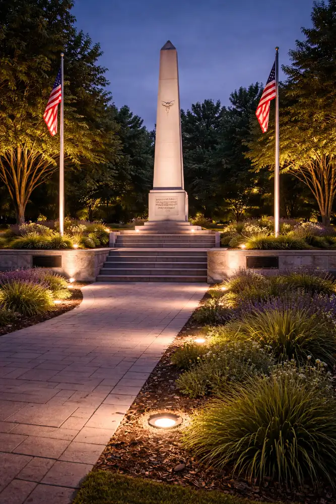 in ground uplights for monuments, flags, and architectural features