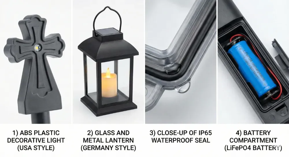 material and component comparison of grave solar lights showing abs plastic, glass metal construction, ip65 sealing, and battery types