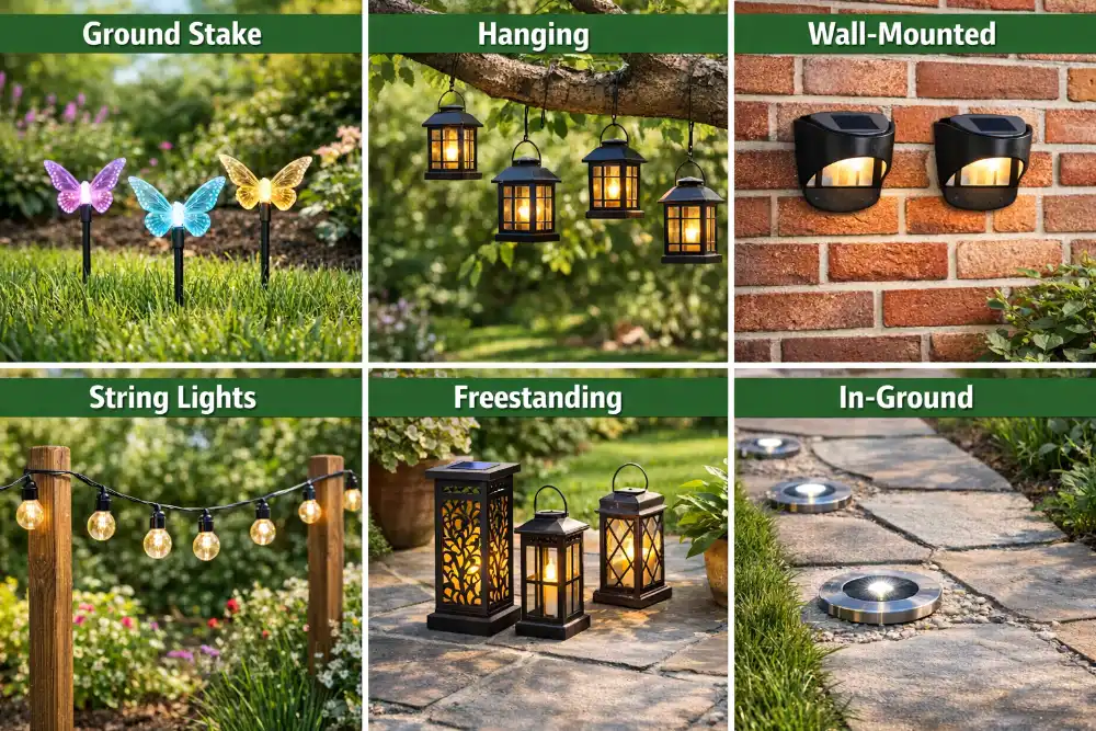 six different solar garden light installation methods comparison ground stake, hanging, wall mounted, string lights, freestanding, and in ground installation types