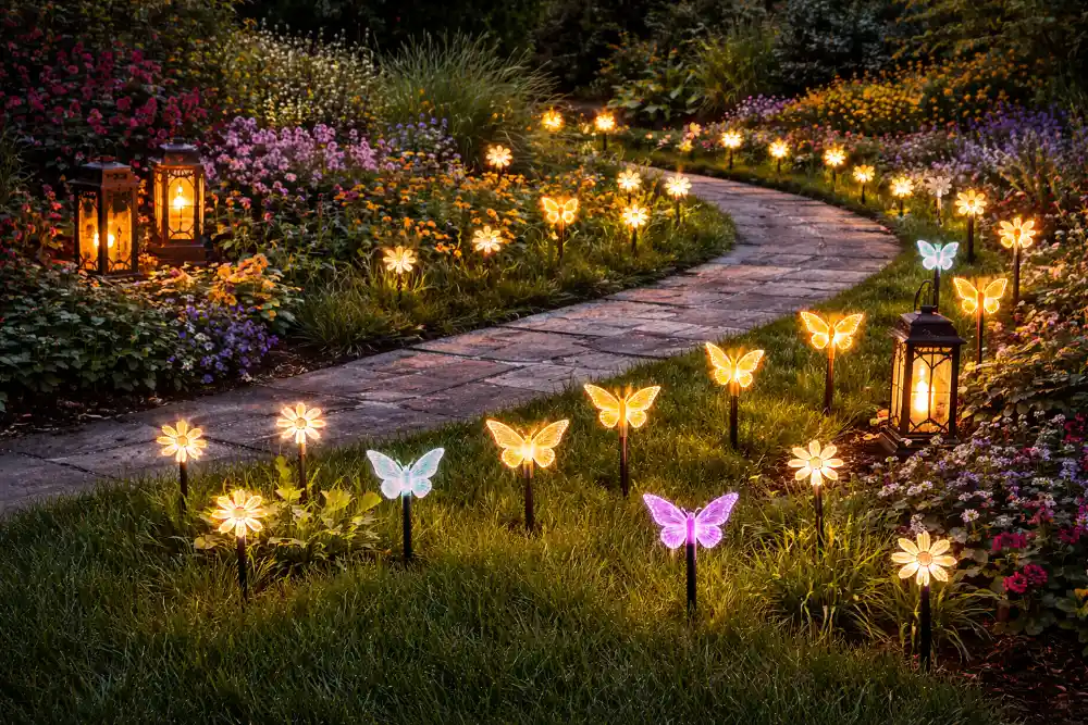 solar ground stake butterfly lights and freestanding lanterns installed in lawn garden creating natural pathway lighting at dusk
