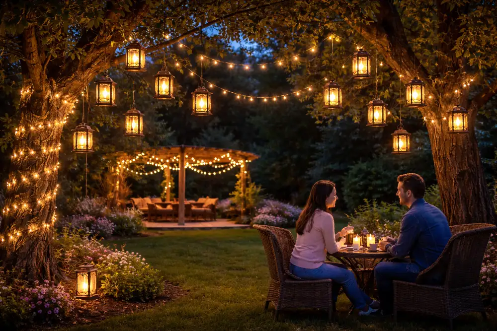 solar hanging lanterns on tree branches combined with string lights creating layered lighting effect in backyard pergola area