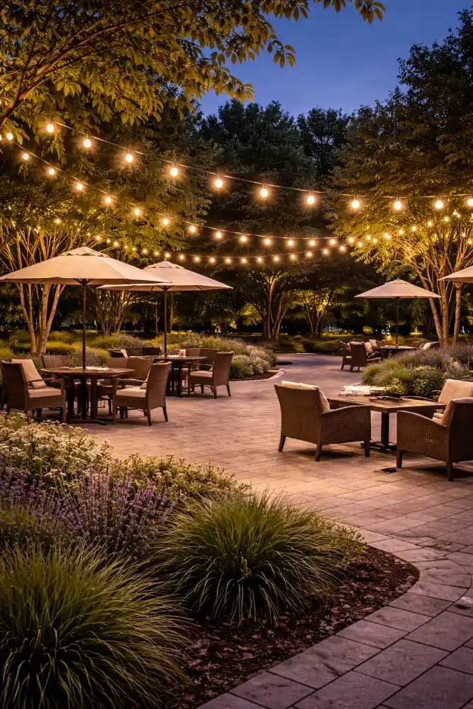 string lights for outdoor dining and gathering spaces