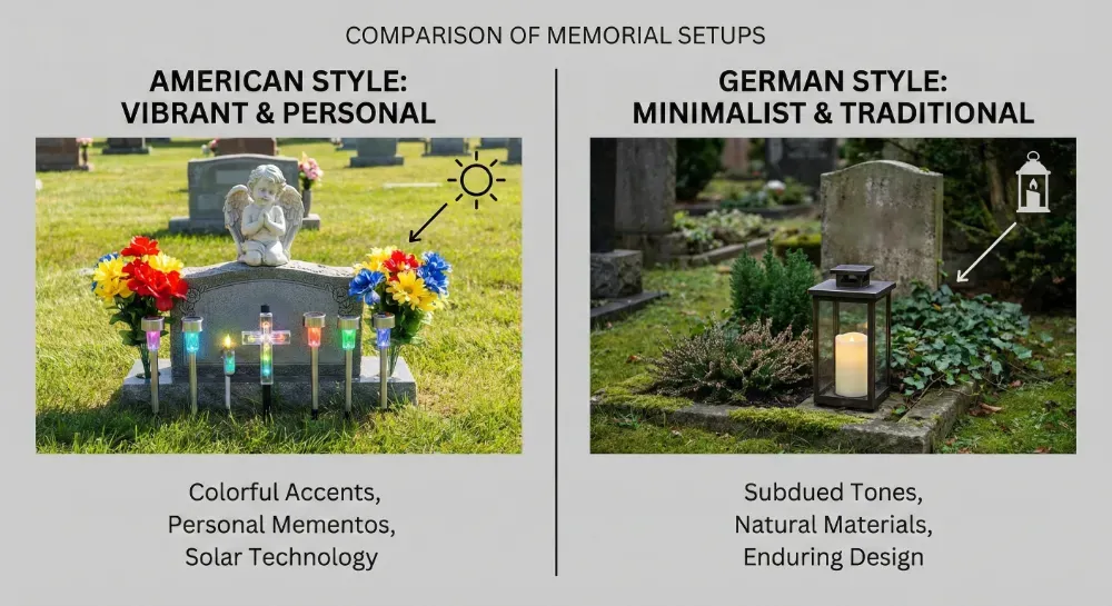 visual comparison of american decorative cemetery lighting versus german traditional memorial lighting approaches