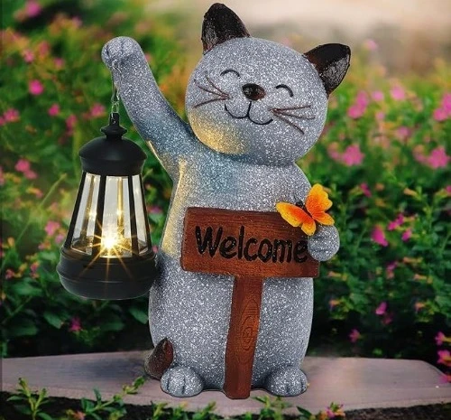 1 garden statue solar cat figurine with lantern