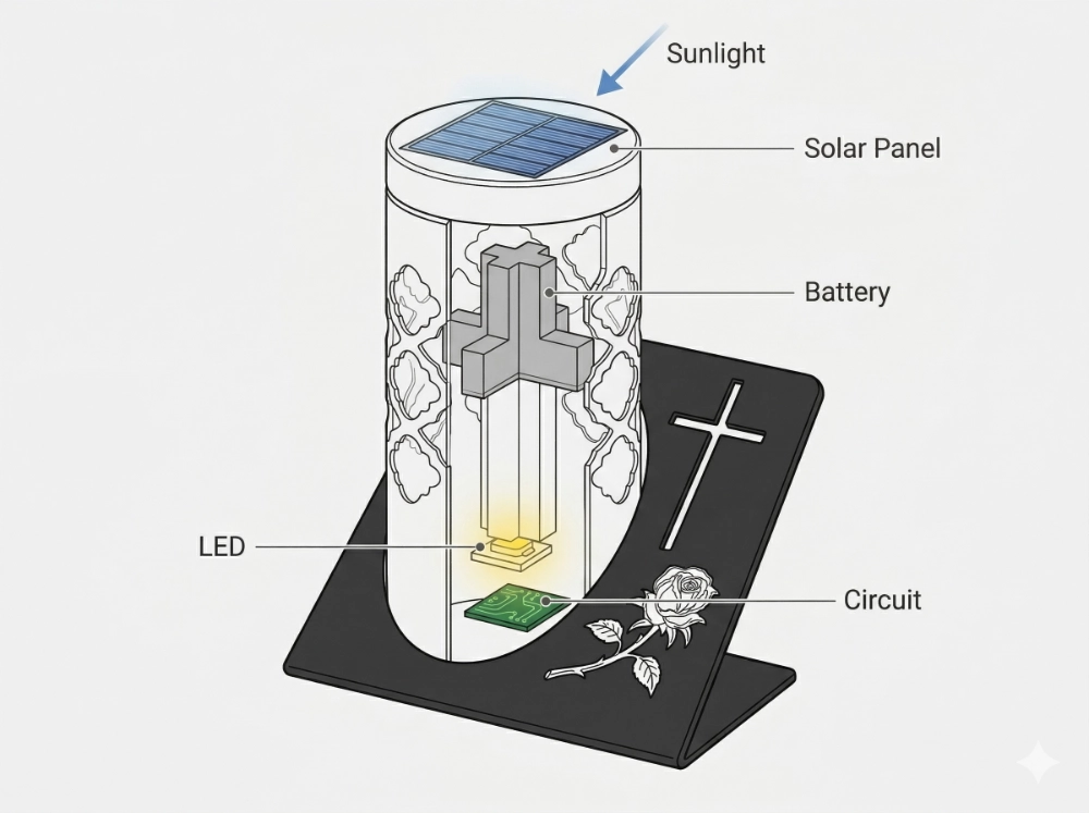 2 technical diagram showing solar memorial light components including solar panel, battery, and led