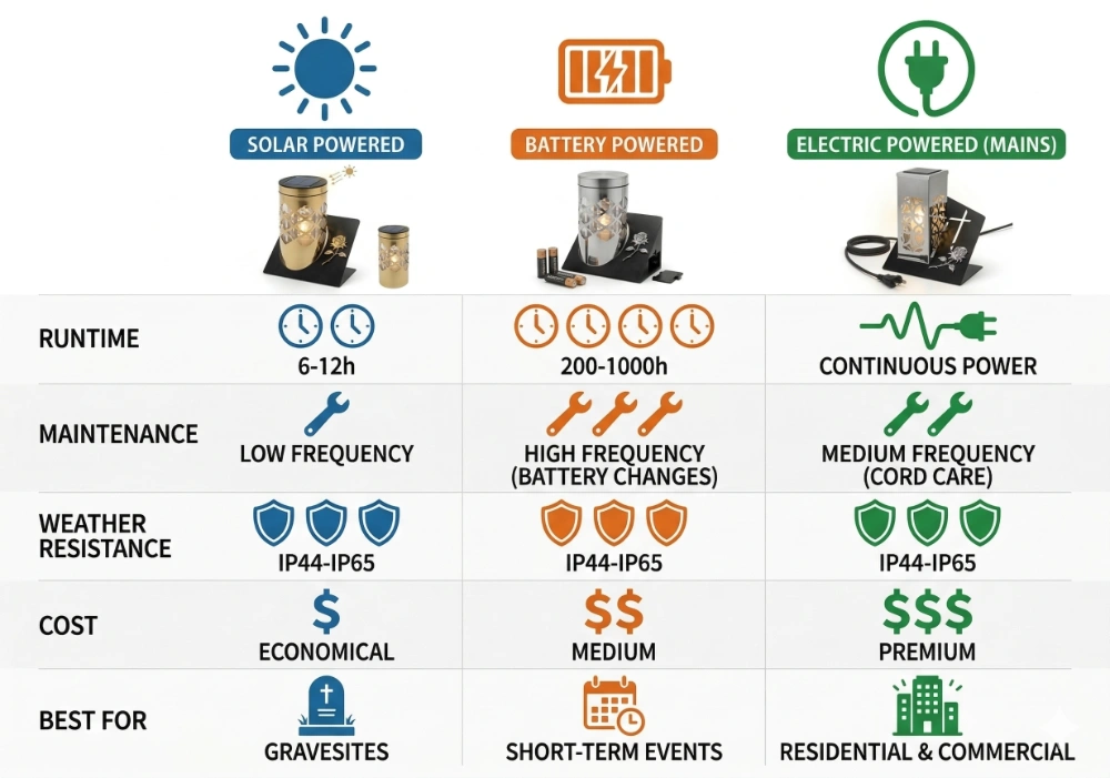 3 infographic comparing solar, battery, and electric memorial lights across runtime, maintenance, weather resistance, and cost