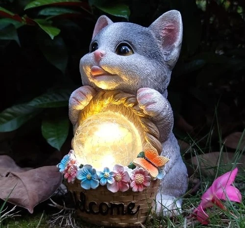 3 solar cat garden outdoor statue with flower basket