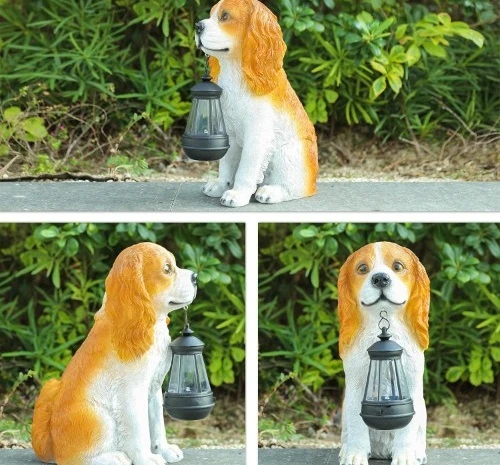 4 american cocker spanie dog garden statue with solar lantern