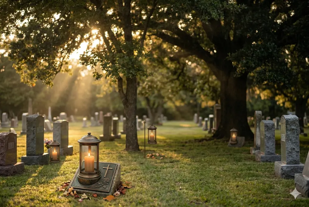 4 cemetery scene demonstrating how sun exposure affects solar memorial light performance in different locations