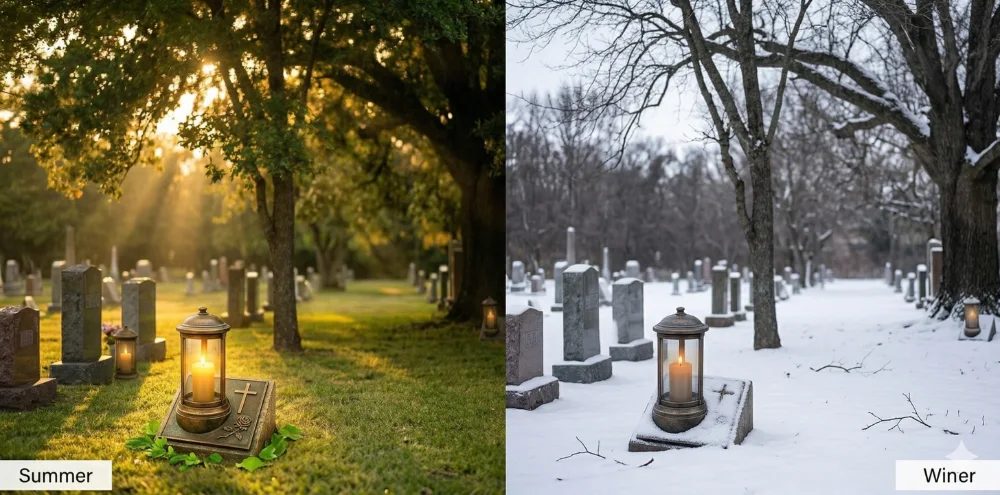 5 side by side comparison of solar memorial light performance in summer versus winter conditions