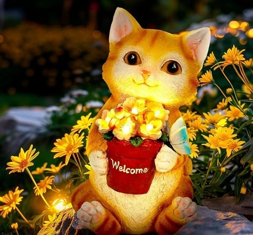 6 solar garden decor flower pot cat statue