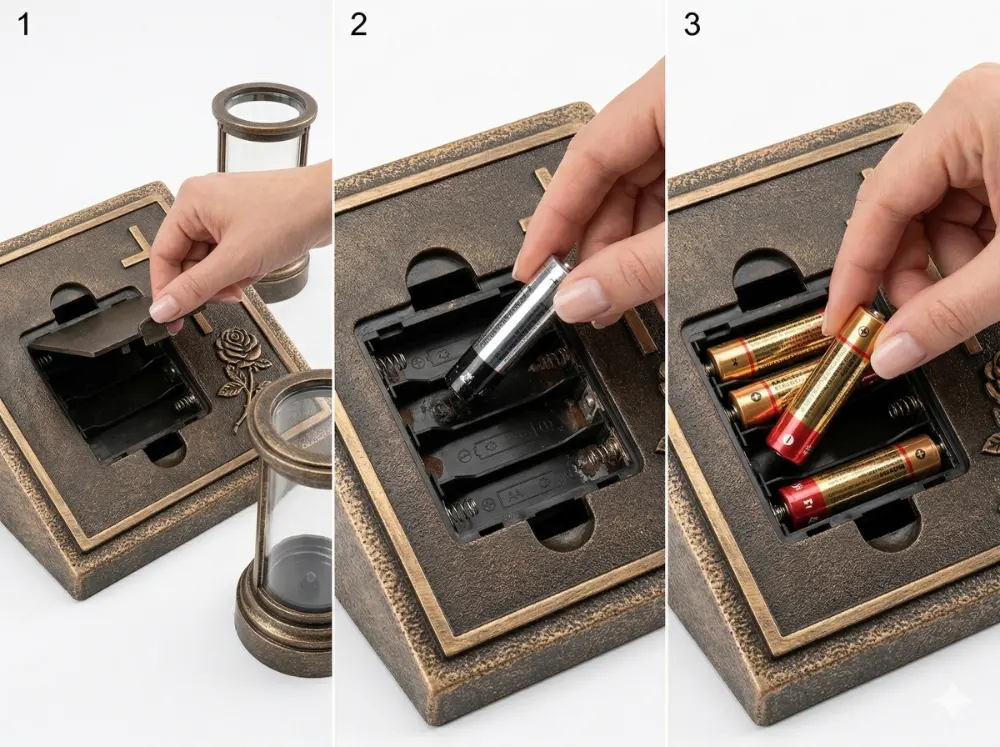 6 three step process showing how to replace batteries in memorial grave candle
