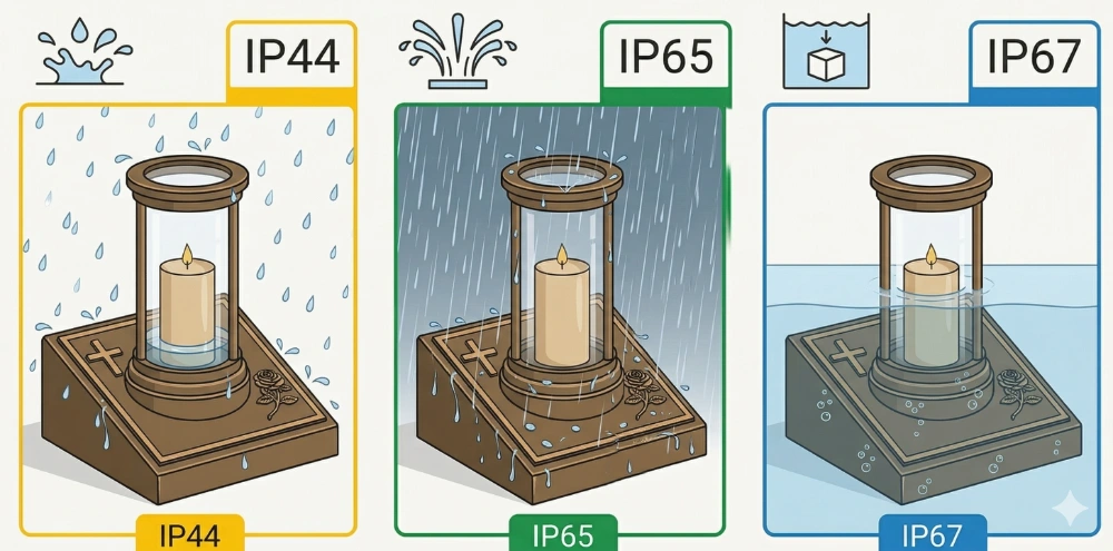 7 visual comparison of ip44, ip65, and ip67 waterproof ratings for memorial lights in different weather conditions