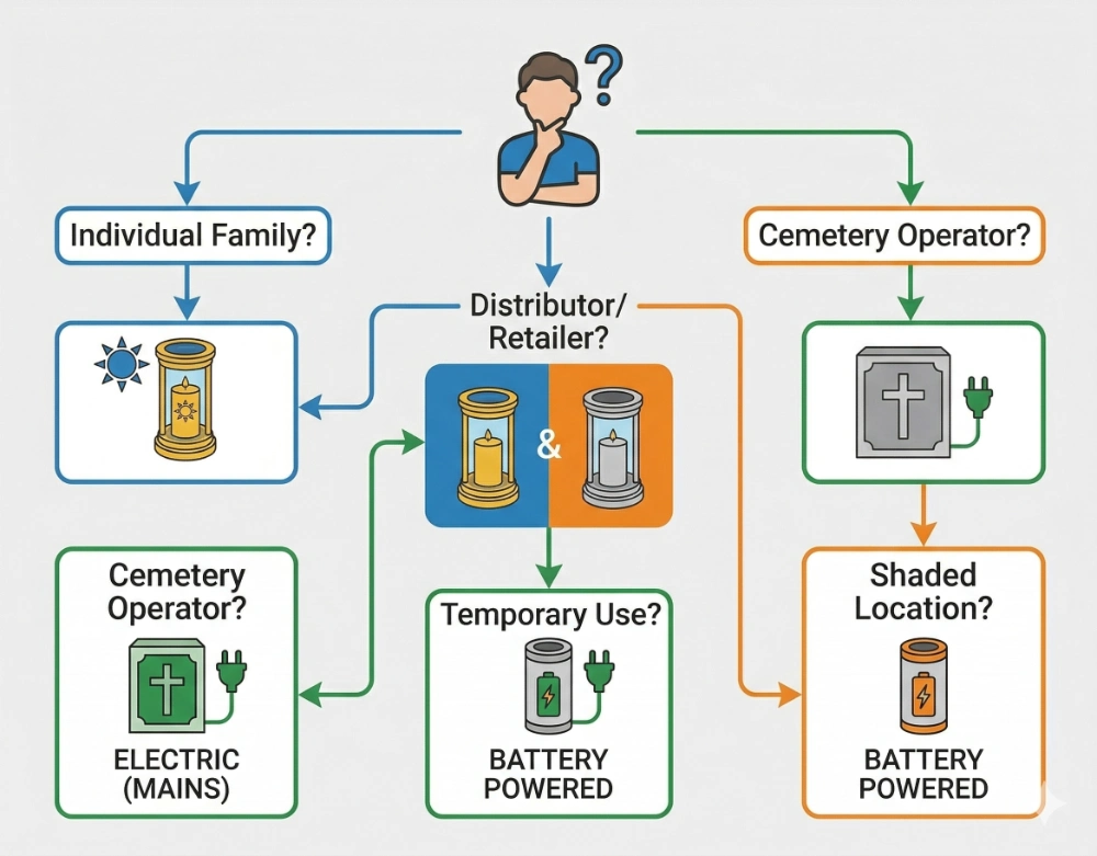 8 decision tree flowchart helping different buyer types choose between solar, battery, and electric memorial light