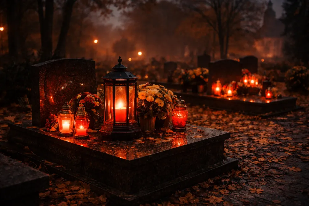 aerial view of polish cemetery with red memorial lanterns