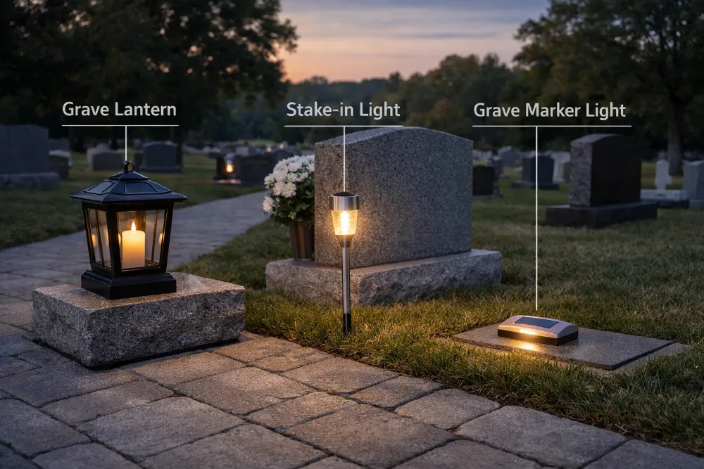cemetery solar lights placement examples grave lantern, stake in light, grave marker light