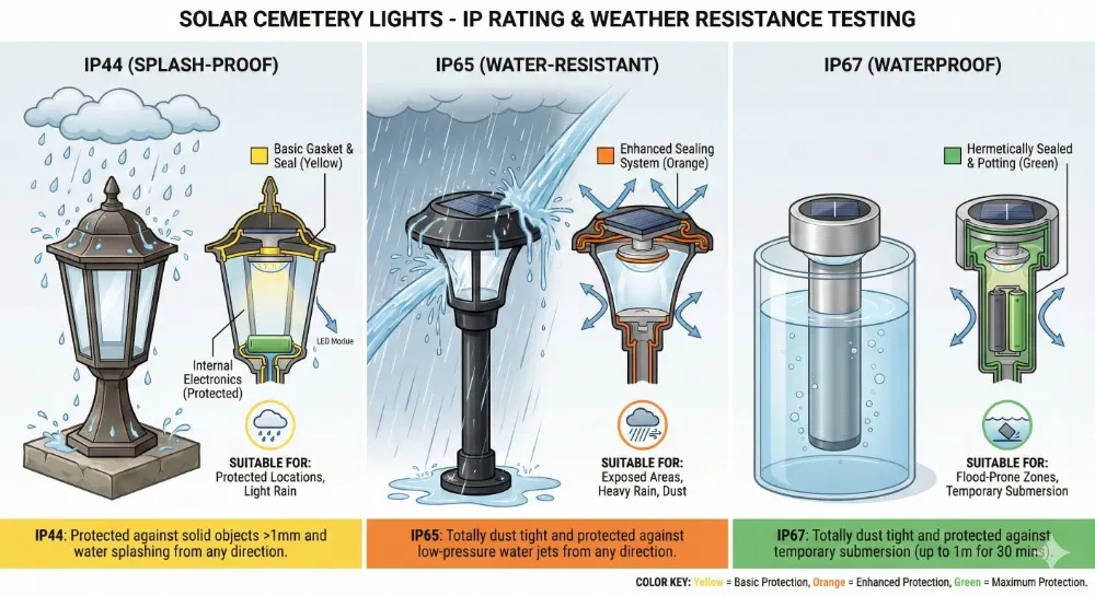 ip44 vs ip65 vs ip67 waterproof rating comparison for solar cemetery lights in different weather conditions