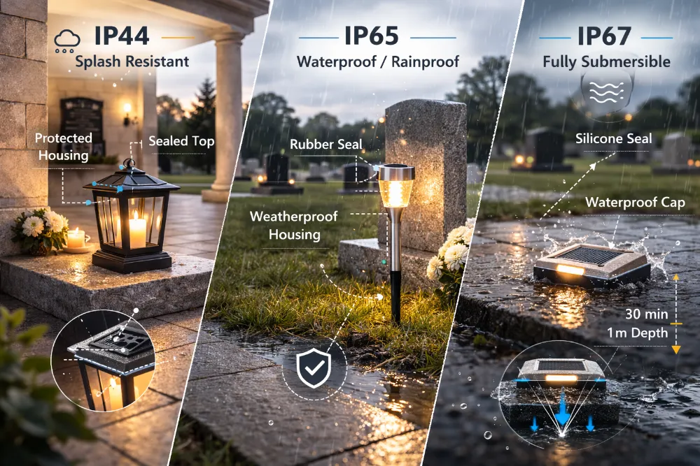 ip44 vs ip65 vs ip67 waterproof selection for cemetery solar lights by placement