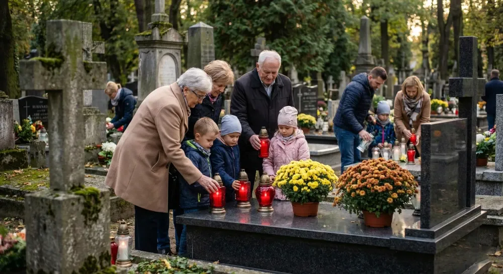 polish families placing solar memorial lights and flowers on graves during all saints day tradition