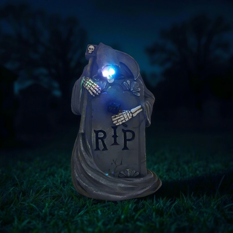 sm221235 halloween rip headstone skeleton grim reaper with led light.