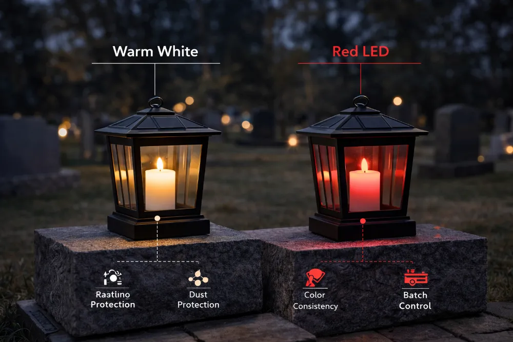 warm white vs red led color options for cemetery solar lanterns with consistent output