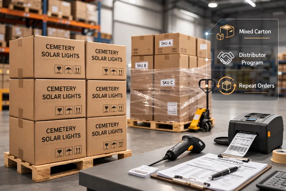 wholesale cemetery solar lights distributor program with mixed carton packaging and warehouse logistics